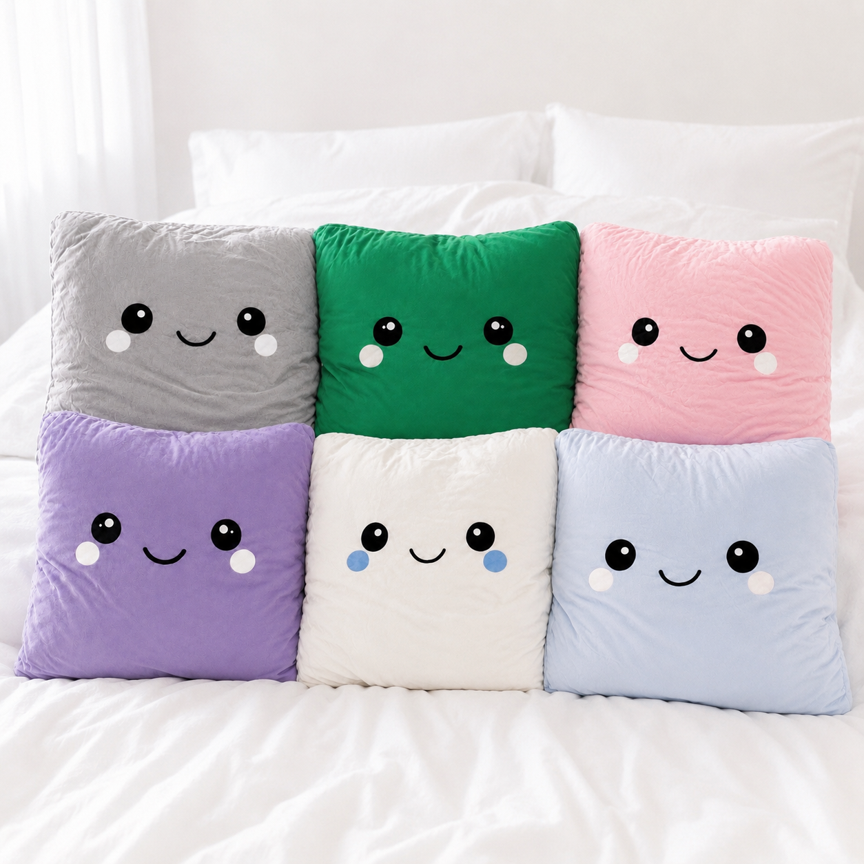 Six cute square throw pillows with embroidered smiling faces are arranged on a white bed. The pillows come in pastel shades of gray, green, pink, purple, white, and light blue.