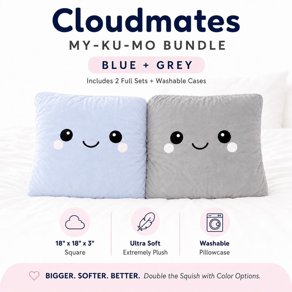 Cloudmates My-Ku-Mo Bundle in blue and grey, featuring two plush square pillows with cute cartoon faces and two matching grey washable cases, displayed on a white bed with product feature icons below.