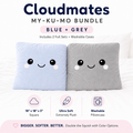 Cloudmates My-Ku-Mo Bundle in blue and grey, featuring two plush square pillows with cute cartoon faces and two matching grey washable cases, displayed on a white bed with product feature icons below.