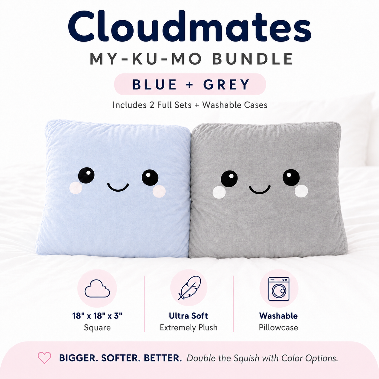 Cloudmates My-Ku-Mo Bundle in blue and grey, featuring two plush square pillows with cute cartoon faces and two matching grey washable cases, displayed on a white bed with product feature icons below.