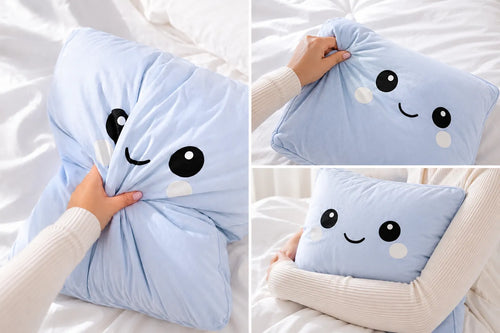 MY-KU-MO Blue smiley face pillow collage showing its soft, squishy texture