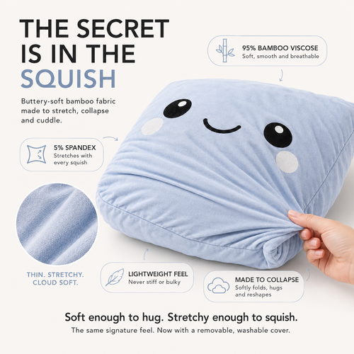 A light blue kawaii-style pillow with a smiling face being held by a hand, set against a white background with text and callout graphics describing its bamboo visco and spandex properties.