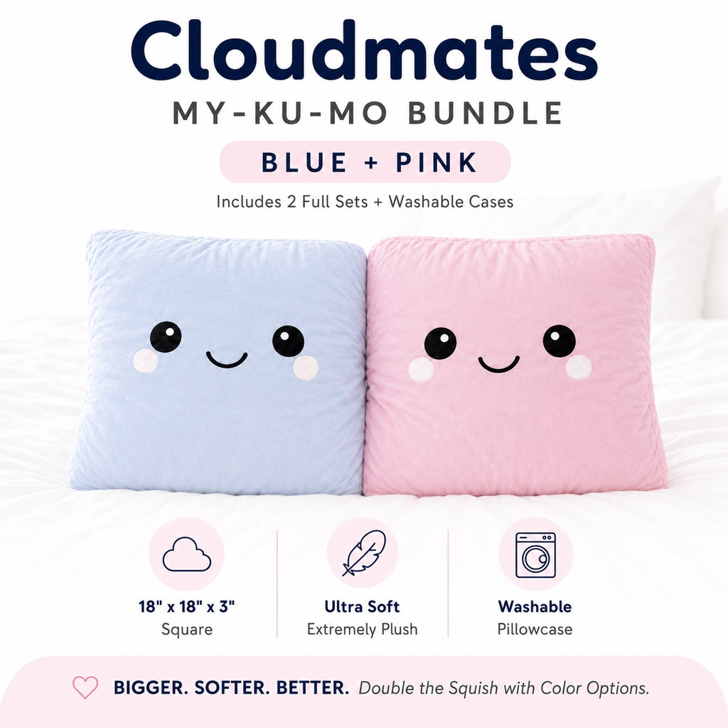 Cloudmates My-Ku-Mo Bundle featuring two plush square pillows in pastel blue and pink with cute embroidered faces, displayed on a white bed with product text and feature icons.