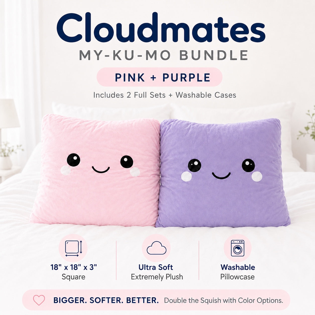 A bed with two plush square pillows in pink and purple, each with a cute smiling face. Large text at the top reads 'Cloudmates MY-KU-MO BUNDLE' and 'PINK + PURPLE,' with smaller text noting 'Includes 2 Full Sets + Washable Cases.