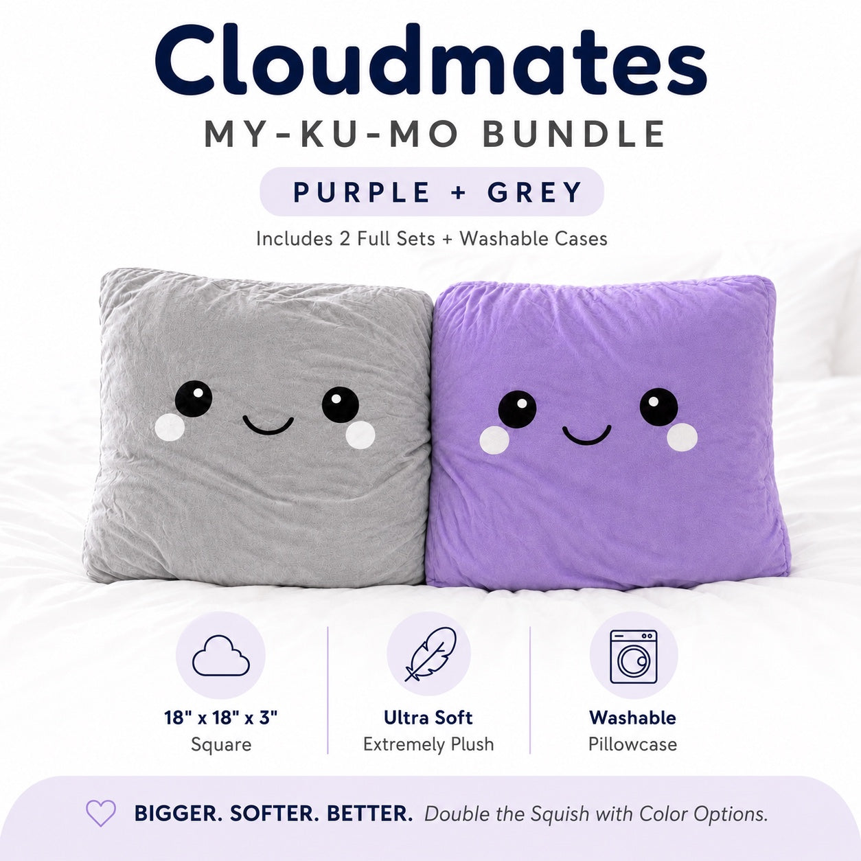 Two plush square pillows with simple smiling faces, one gray and one purple, displayed on a white bed. The image includes text reading 'Cloudmates MY-KU-MO BUNDLE' and 'PURPLE + GREY', plus feature icons for size, softness, and washability.
