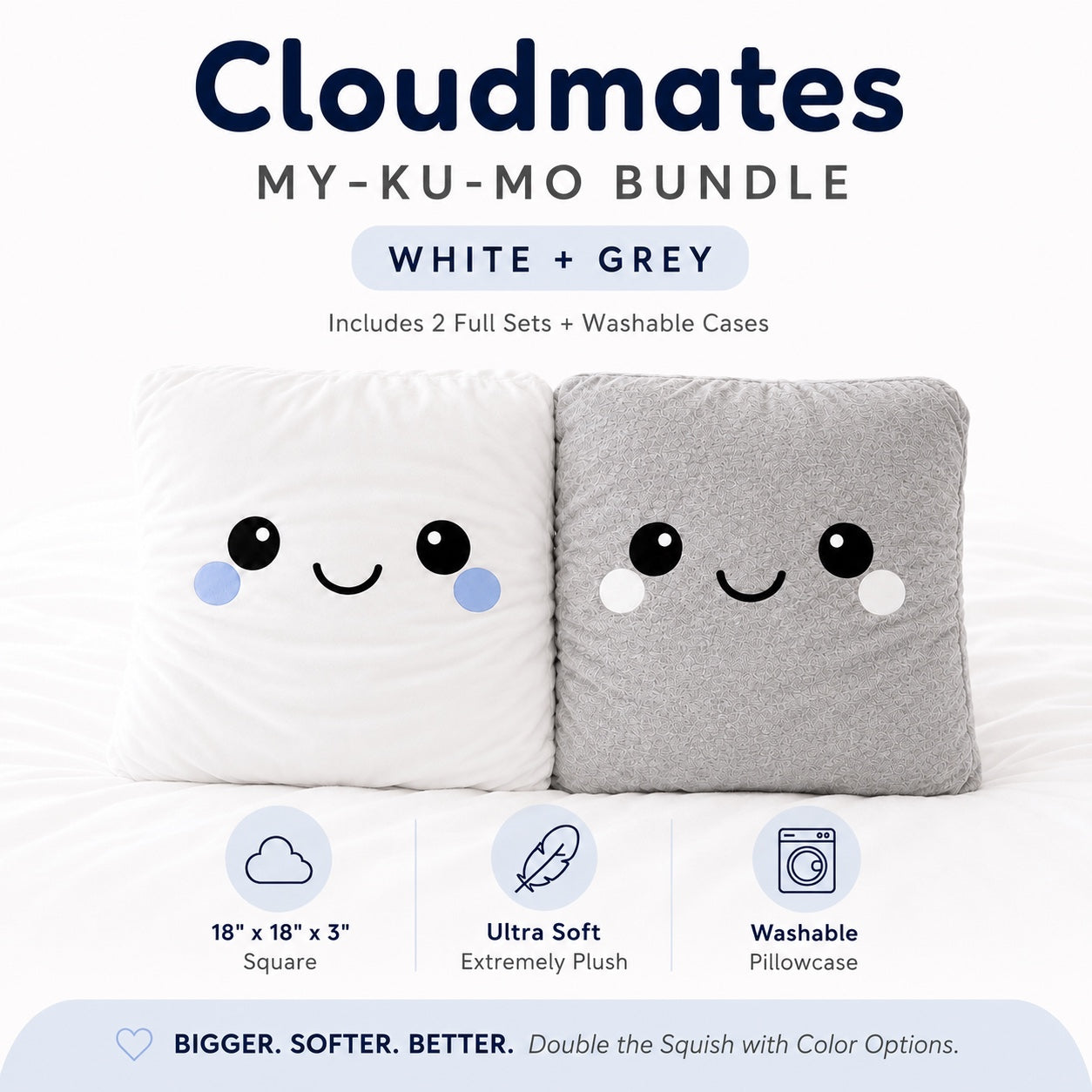 Cloudmates My-Ku-Mo Bundle featuring two plush square pillows with cute smiling faces, one white and one grey, shown on a white background with product details and icons below.
