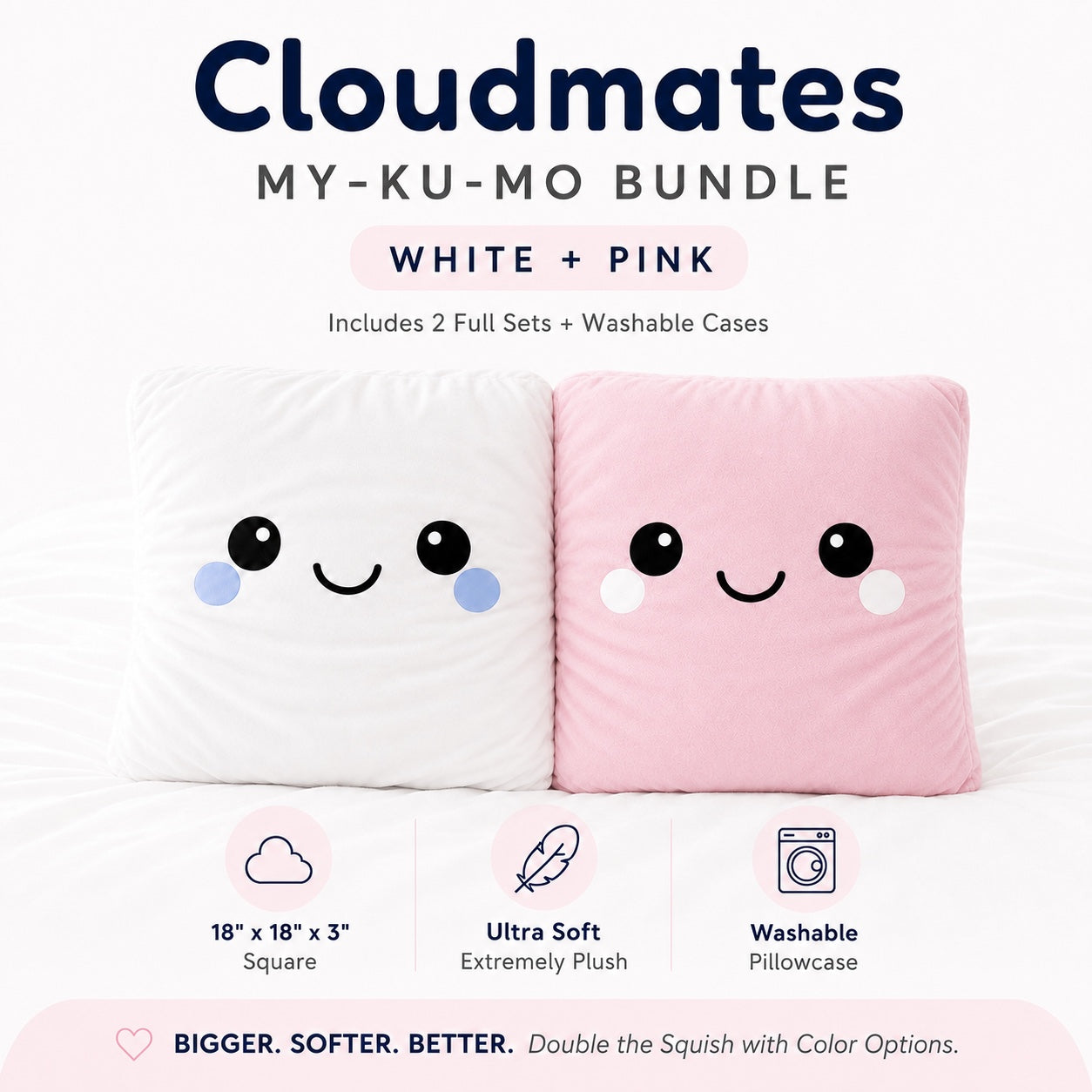 Cloudmates My-Ku-Mo Bundle featuring two plush square pillows with cute cartoon faces, one white and one pink, shown on a white background with product text and feature icons below.