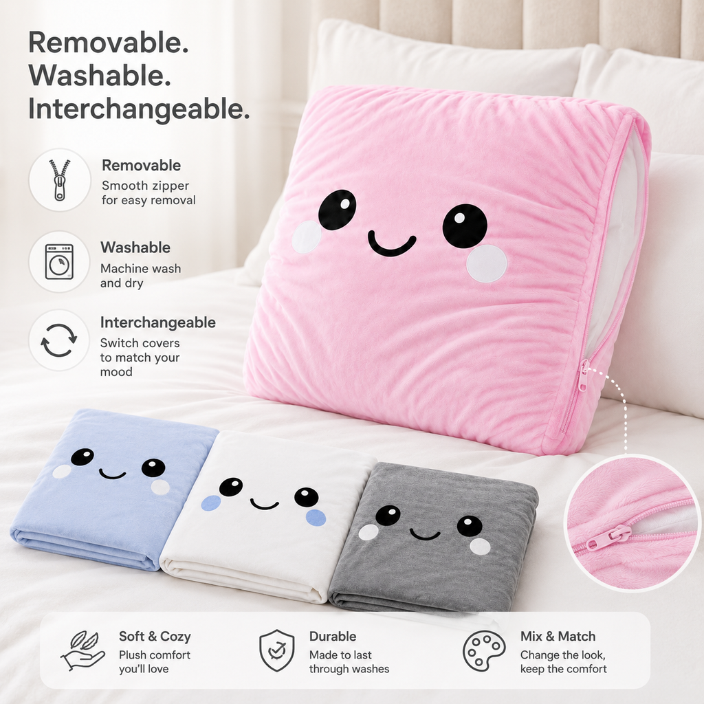 A pink plush pillow cover with a cute smiling face design is shown on a bed, with three additional color variants (light blue, white, and gray) displayed below. The image includes feature callouts on the left and a close-up of the zipper on the bottom right.