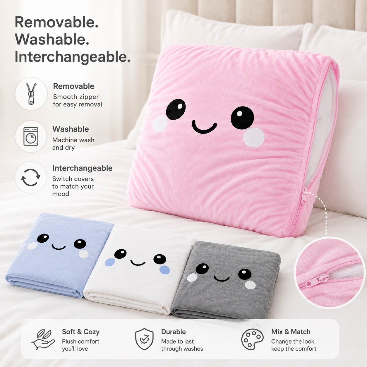 A pink plush pillow cover with a cute smiling face design is shown on a bed, with three additional color variants (light blue, white, and gray) displayed below. The image includes feature callouts on the left and a close-up of the zipper on the bottom right.
